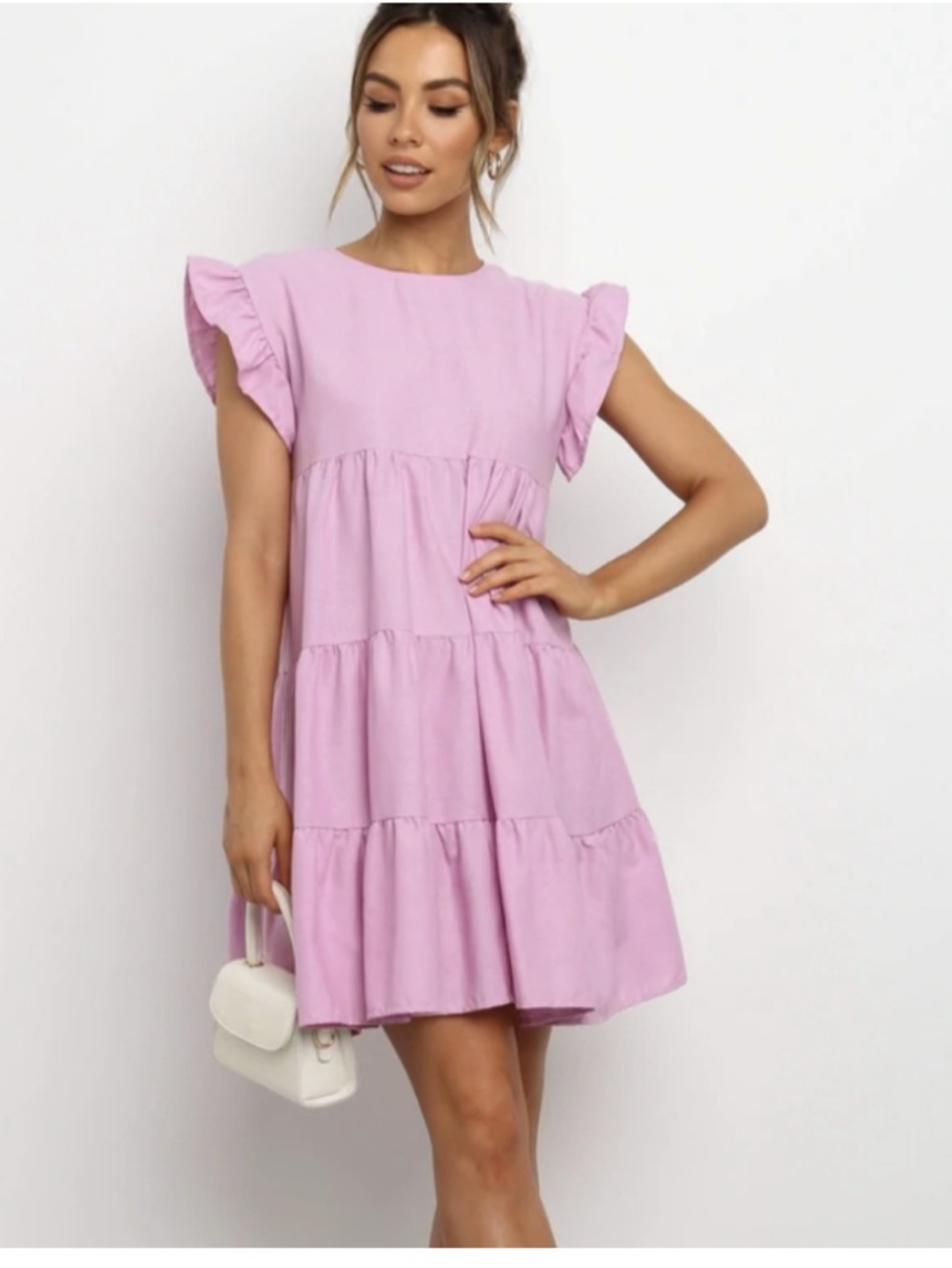Petal & Pup Ruffle Sleeve Tiered Cotton/Linen Lilac Babydoll Mini Dress Size 2 - Picture 2 of 10